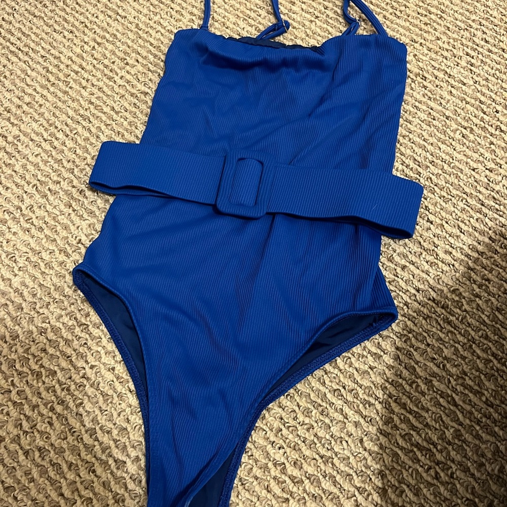 Anthropologie Ribbed One-Piece Swimsuit in Cobalt Blue with Belt